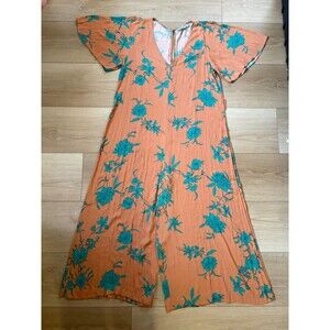 Blue Elephant Floral Jumpsuit Large Orange Teal Flutter Sleeve Wide Leg Boho